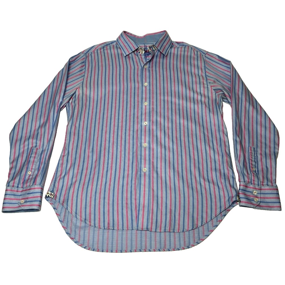 Robert Graham Shirt Mens XL Blue Pink Striped Flip Cuffs Button Up Long Sleeve